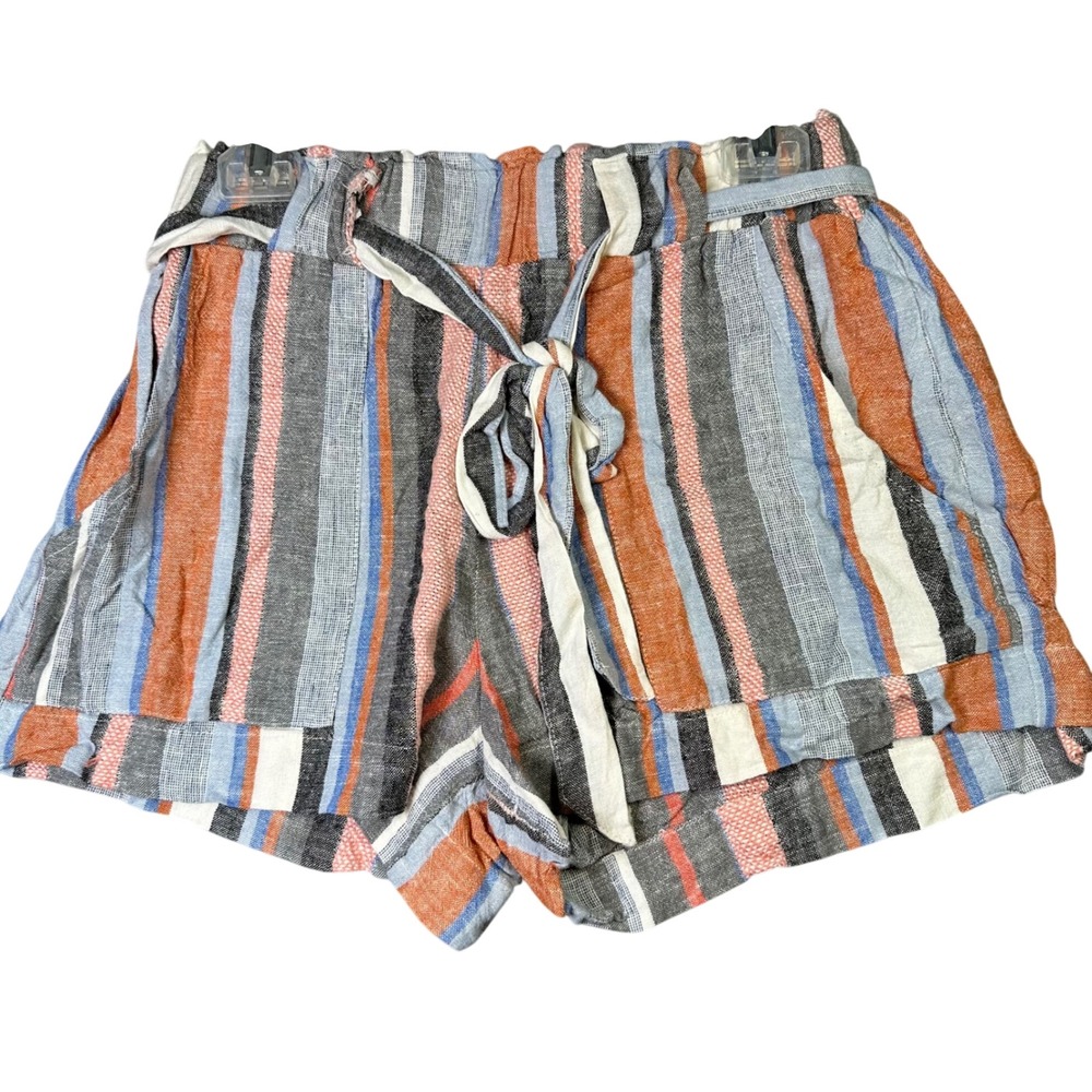 Indigo Rein Striped Linen Blend Paperbag Waist Shorts Boho L Resortwear Vacation